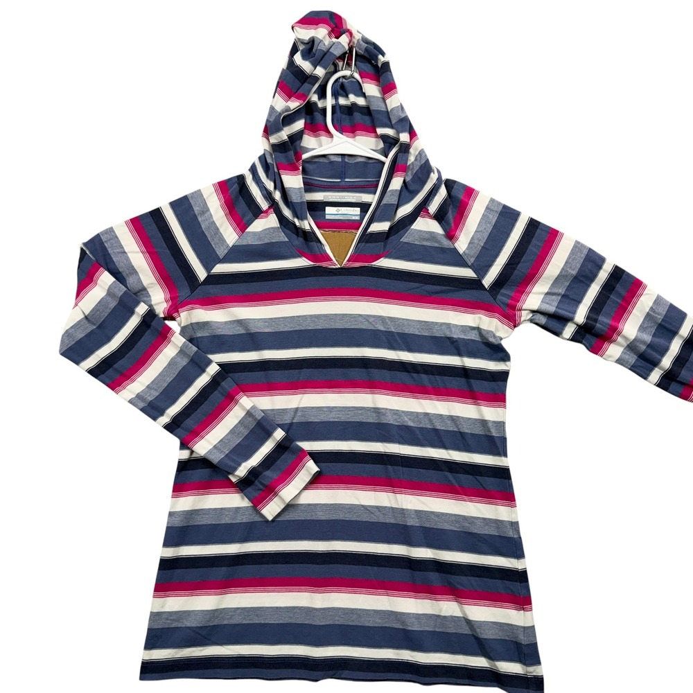 Columbia Hoodie Women M Blue Pink Striped Omni-Wick Raglan Pullover Top